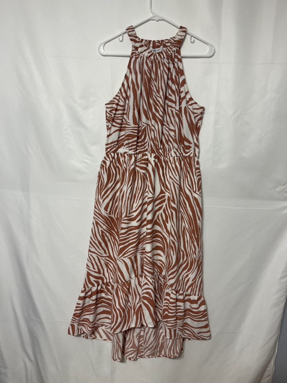 Nine West Rust and White High-Low Halter Zebra-Print Dress